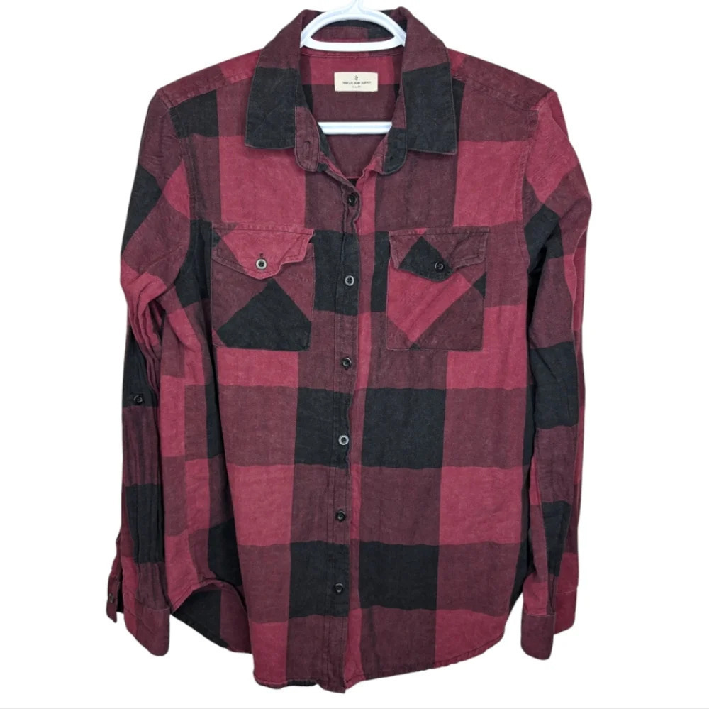 Thread & Supply Burgundy Red & Black Plaid Button Down Top Women Small